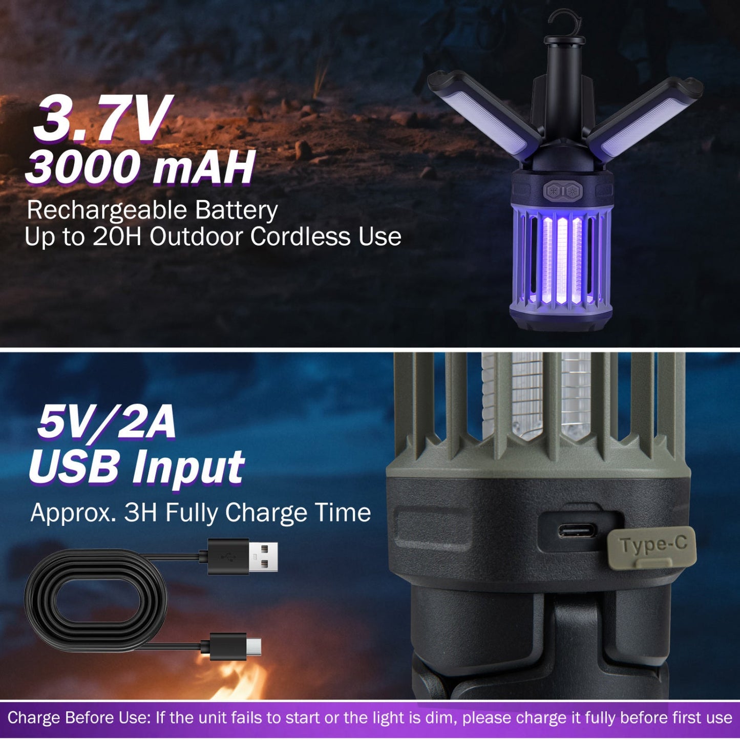 Outdoor Bug Zapper with Foldable Camping Lantern USB-C Rechargeable Electric Mosquito Killer