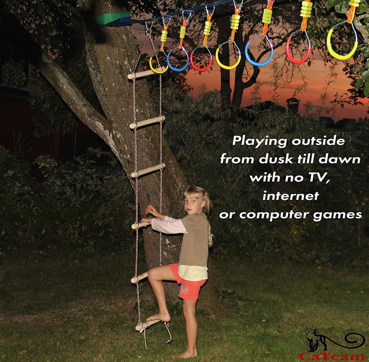 Wooden Rope Ladder for Kids with Ground anchoring Length 6.5'(2m) Width 16 (40cm) Outdoor or Indoor Climbing Rope Ladder for Ninja Slackline Backyard Playground Home Gym Park Treehouse