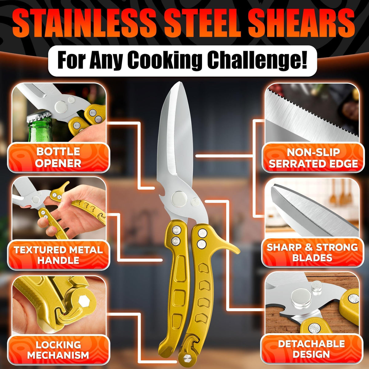 4 in 1 Multifunction Heavy Duty Kitchen Shears Sharp Seafood Fish Turkey Chicken Shears with Non Slip Metal Handle & Micro Serrated Blades for Meat Spring Loaded Bone Scissors Gold