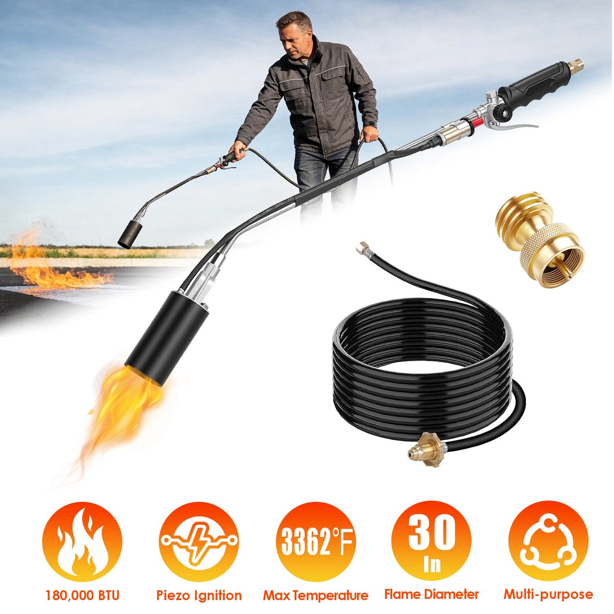 180,000 BTU Propane Weed Torch Heavy Duty Weed Burner Flame Weeder with 10FT Hose Piezo Ignition Adjustable Flame Control for Weeds Ice Snow Asphalt F