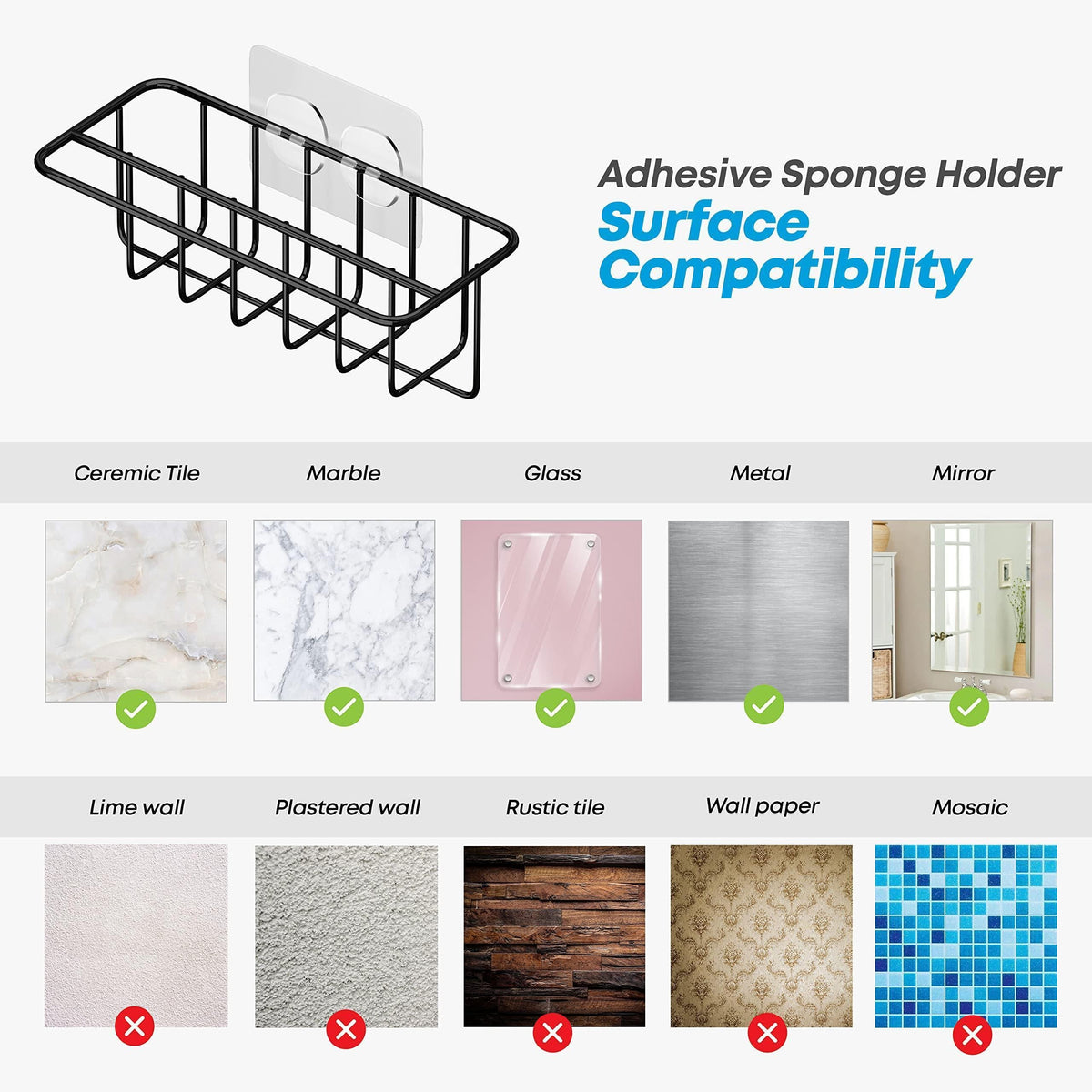 Adhesive Kitchen Sink Sponge Holder   Dish Cloth Hanger   Soap Holder 2 in 1 Kitchen Sink Caddy 304 Stainless Steel Rust Proof Water Proof No Drilling (Black)