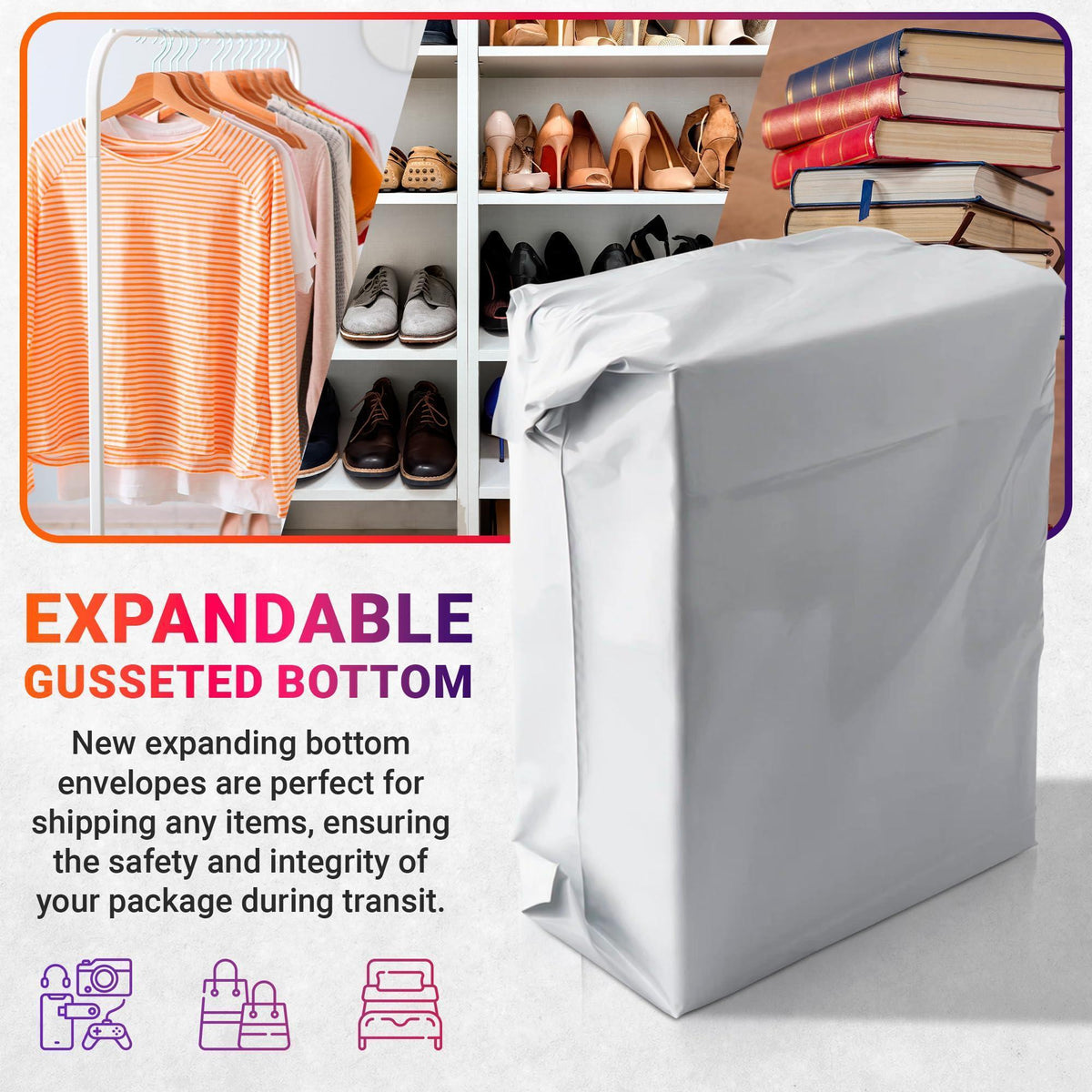 White Gusseted Poly Mailers 24 x 21 x 6 Inch Pack of 25 Poly Shipping Envelopes for Clothing 2.5 Mil. Plastic Shipping Bags Self Seal. Mailing Packages