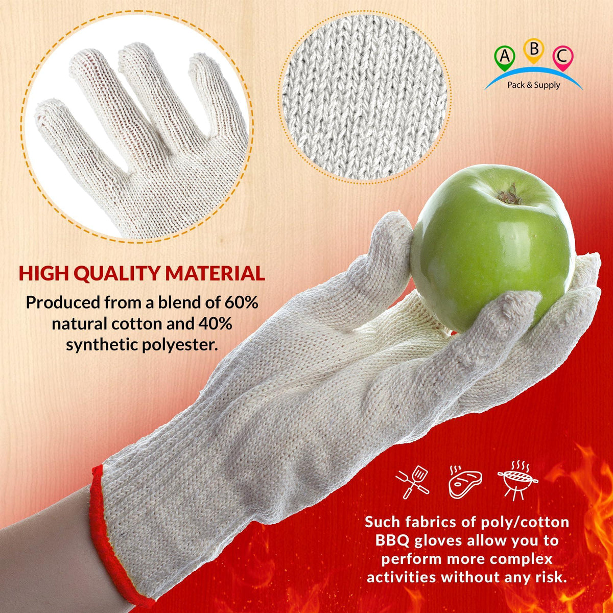 Beige Work Cotton Gloves for Men Women 9.5 Inch Pack of 24 (12 Pairs) String Knit Work Gloves with Red Line Elastic Knit Wrist Washable Cotton Polyester Gardening Gifts