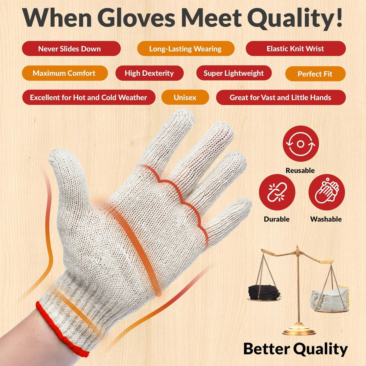 Beige Work Cotton Gloves for Men Women 9.5 Inch Pack of 24 (12 Pairs) String Knit Work Gloves with Red Line Elastic Knit Wrist Washable Cotton Polyester Gardening Gifts