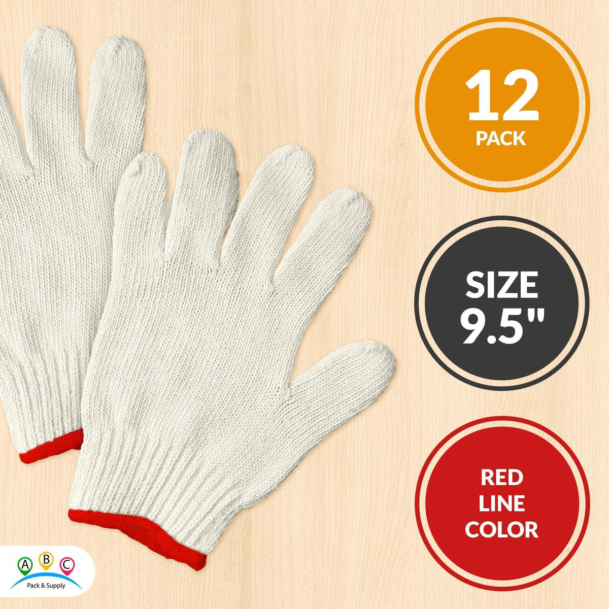 Beige Work Cotton Gloves for Men Women 9.5 Inch Pack of 24 (12 Pairs) String Knit Work Gloves with Red Line Elastic Knit Wrist Washable Cotton Polyester Gardening Gifts