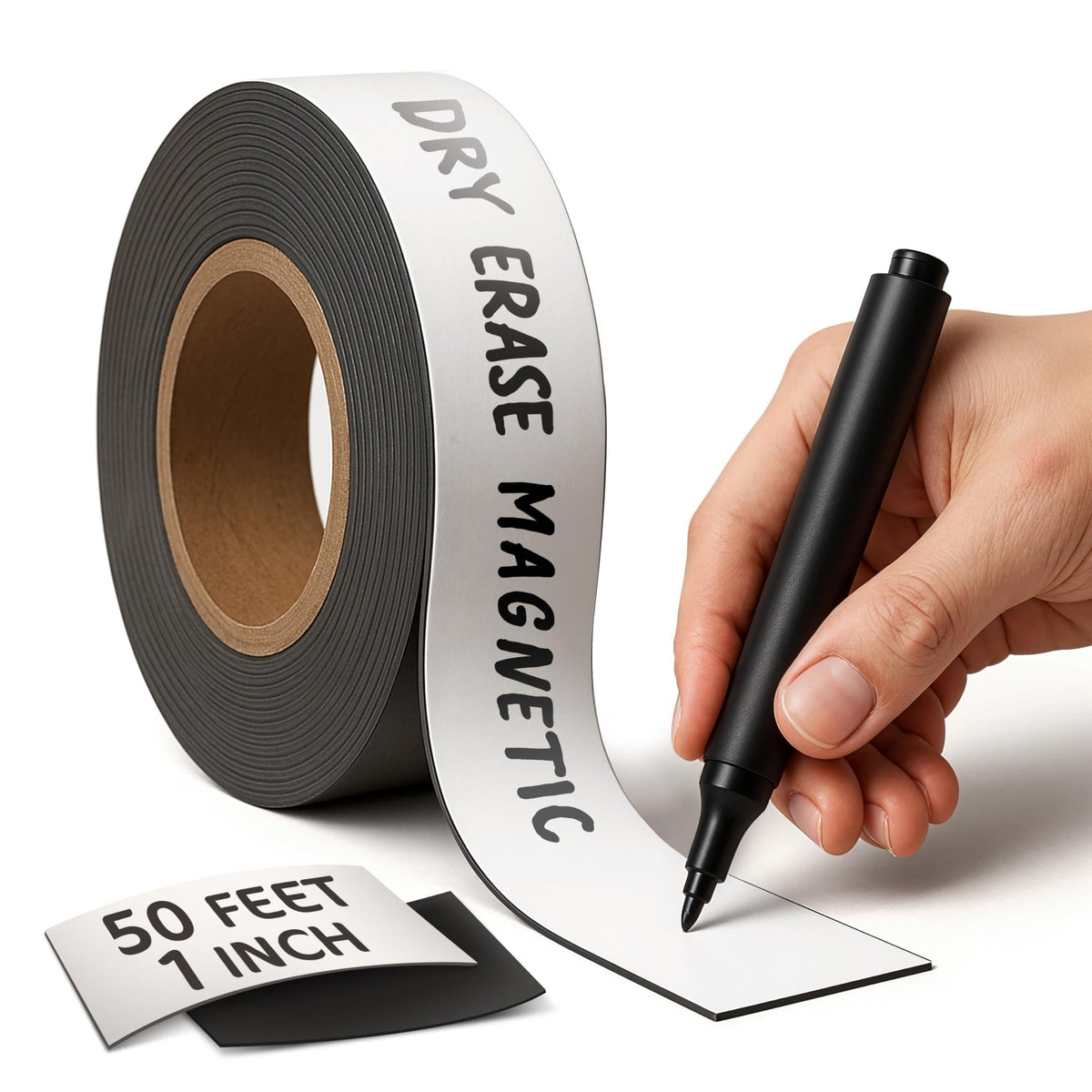 Magnetic Dry Erase Tape 50 Ft x 1 Inch White Magnetic Strip Blank Magnets to Write On Dry Erase Strips Magnet Tape Roll Custom Writable Flexible Tape for Whiteboards Shelves Bus Seats Lockers