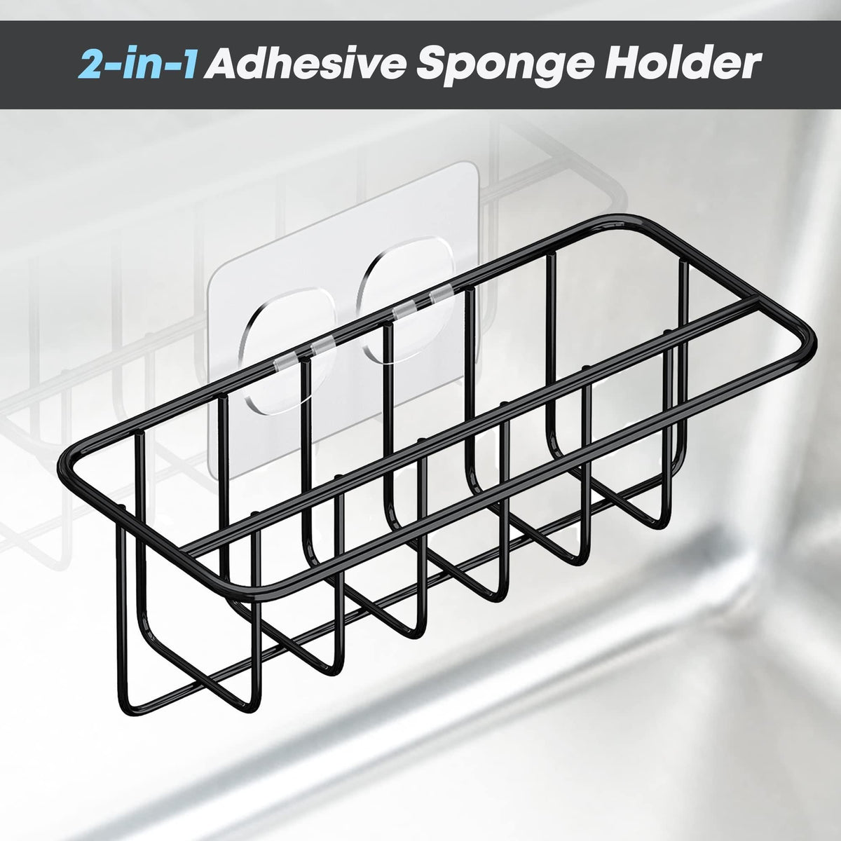 Adhesive Kitchen Sink Sponge Holder   Dish Cloth Hanger   Soap Holder 2 in 1 Kitchen Sink Caddy 304 Stainless Steel Rust Proof Water Proof No Drilling (Black)