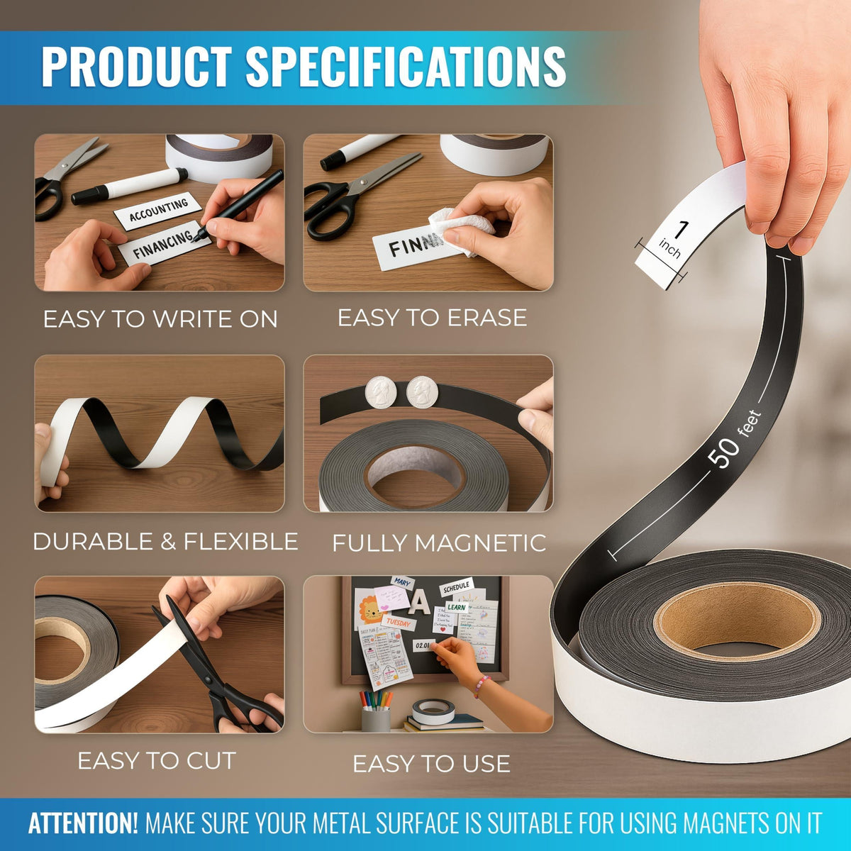 Magnetic Dry Erase Tape 50 Ft x 1 Inch White Magnetic Strip Blank Magnets to Write On Dry Erase Strips Magnet Tape Roll Custom Writable Flexible Tape for Whiteboards Shelves Bus Seats Lockers