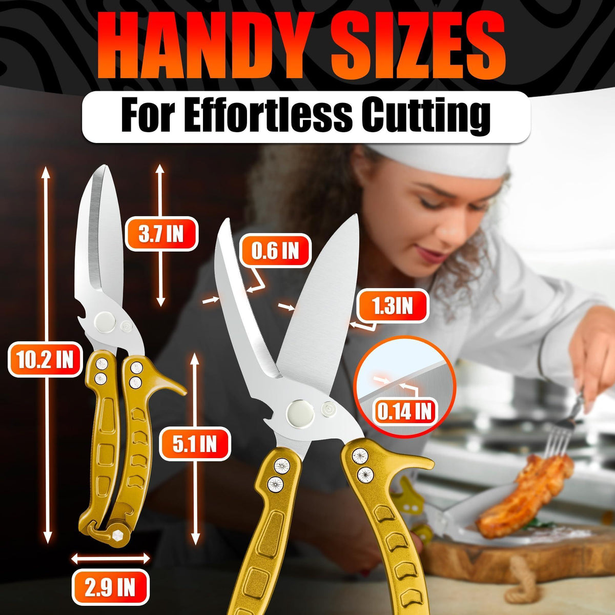 4 in 1 Multifunction Heavy Duty Kitchen Shears Sharp Seafood Fish Turkey Chicken Shears with Non Slip Metal Handle & Micro Serrated Blades for Meat Spring Loaded Bone Scissors Gold