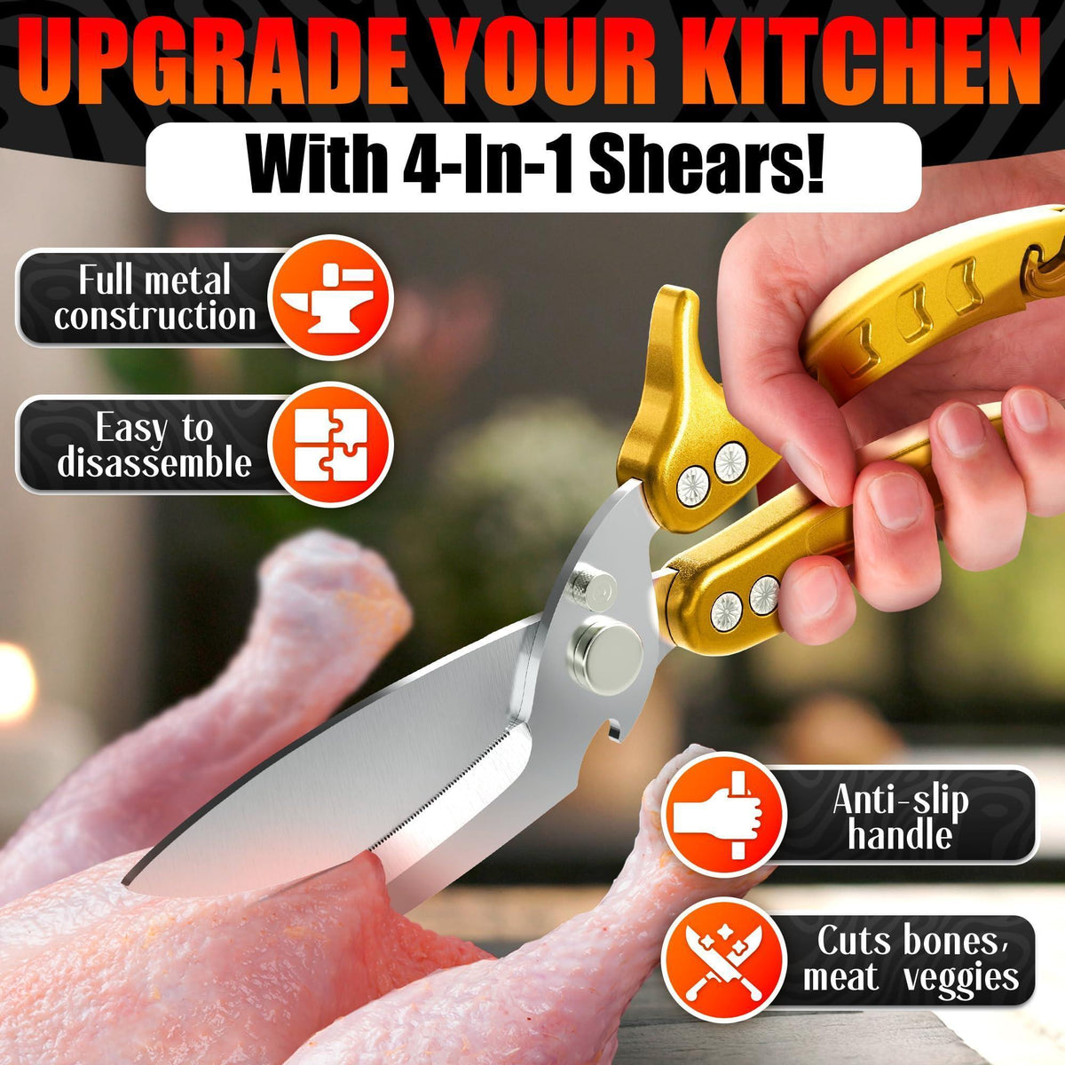 4 in 1 Multifunction Heavy Duty Kitchen Shears Sharp Seafood Fish Turkey Chicken Shears with Non Slip Metal Handle & Micro Serrated Blades for Meat Spring Loaded Bone Scissors Gold