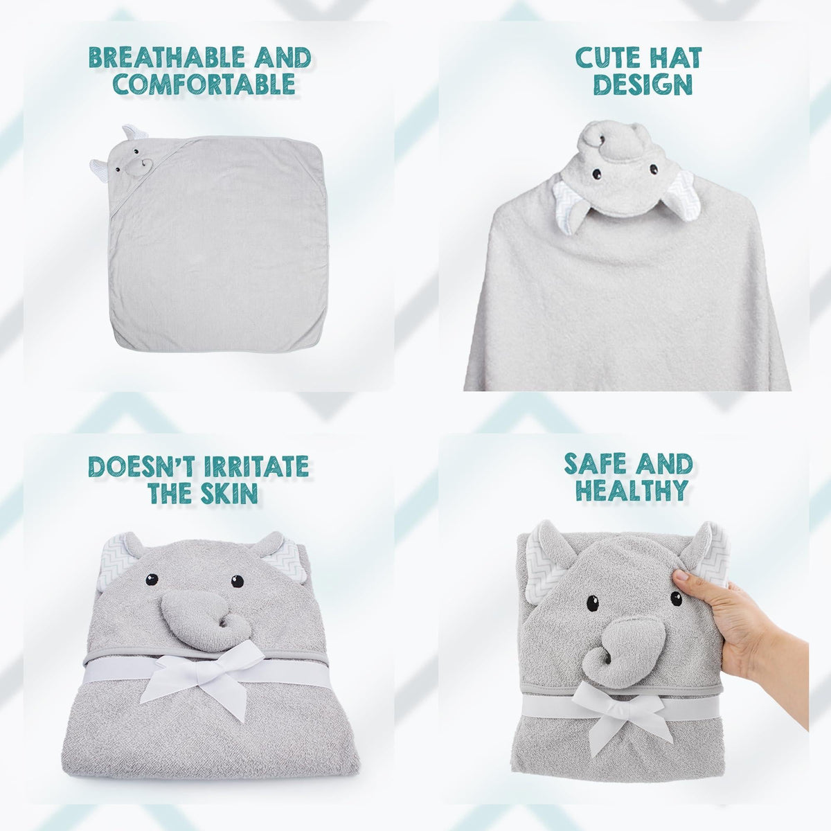 Hooded Baby Towels 33x33 Inch with Elephant Face Light Gray Baby Bath Towel