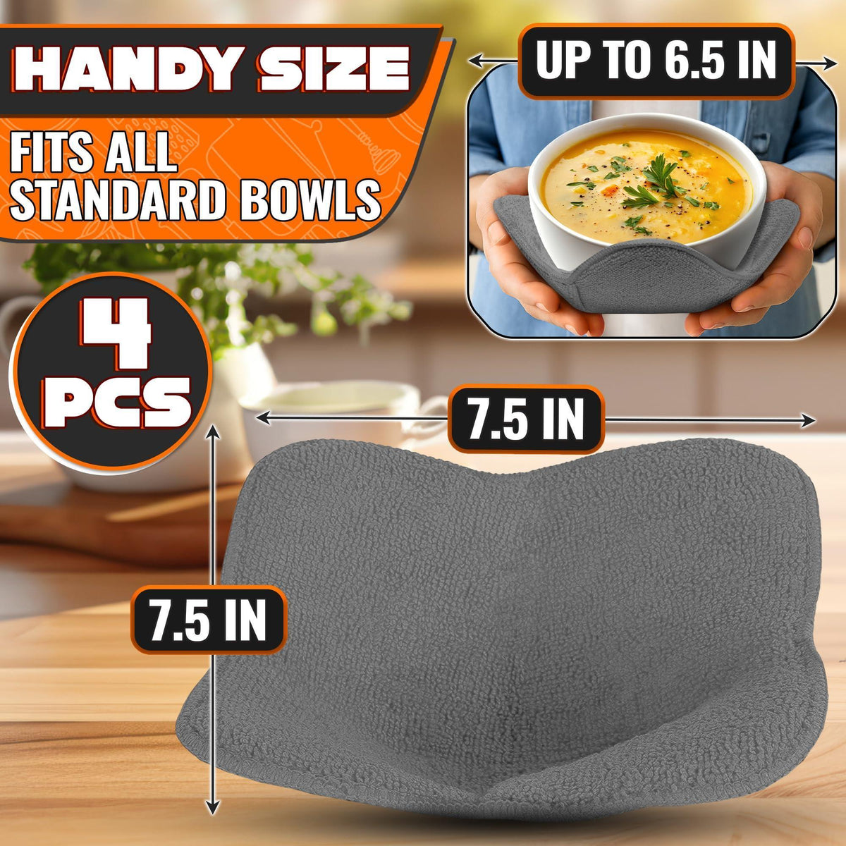 4 Pcs Microwave Bowl Holders for Hot Food – 7.5  Gray Microwave Bowl Cozy Holders for Safe & Easy Handling of Hot Bowls Saucers & Cups – Machine Washable Soft Textured Fabric for Hand Protection
