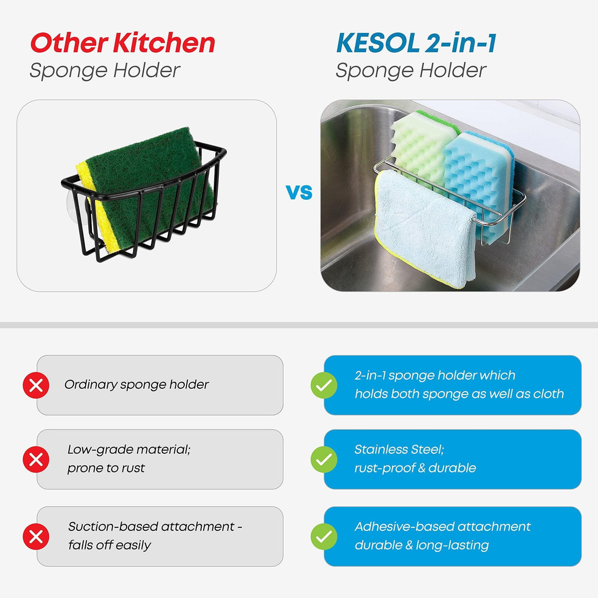 Adhesive Kitchen Sink Sponge Holder   Dish Cloth Hanger   Soap Holder 2 in 1 Kitchen Sink Caddy 304 Stainless Steel Rust Proof Water Proof No Drilling (Black)