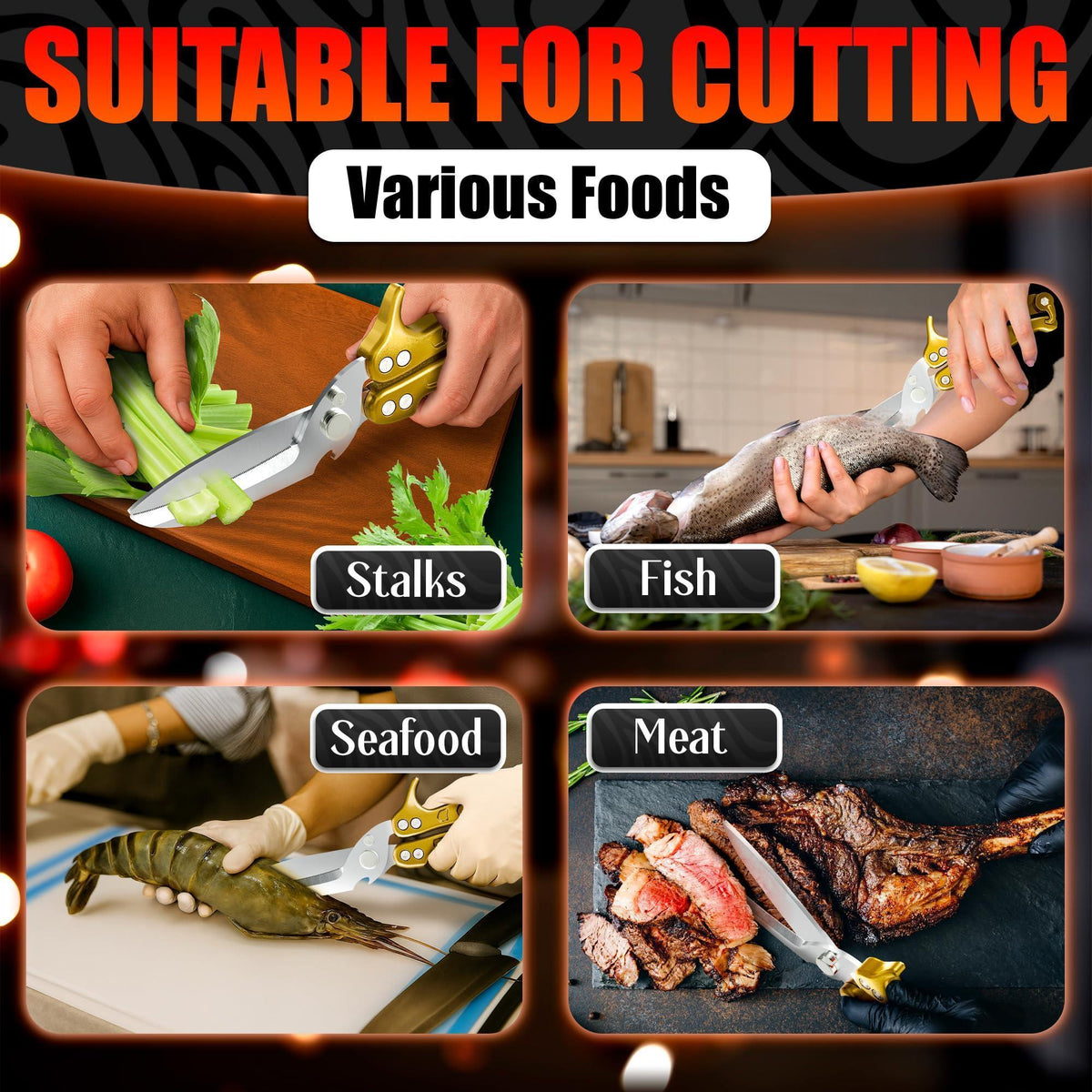 4 in 1 Multifunction Heavy Duty Kitchen Shears Sharp Seafood Fish Turkey Chicken Shears with Non Slip Metal Handle & Micro Serrated Blades for Meat Spring Loaded Bone Scissors Gold