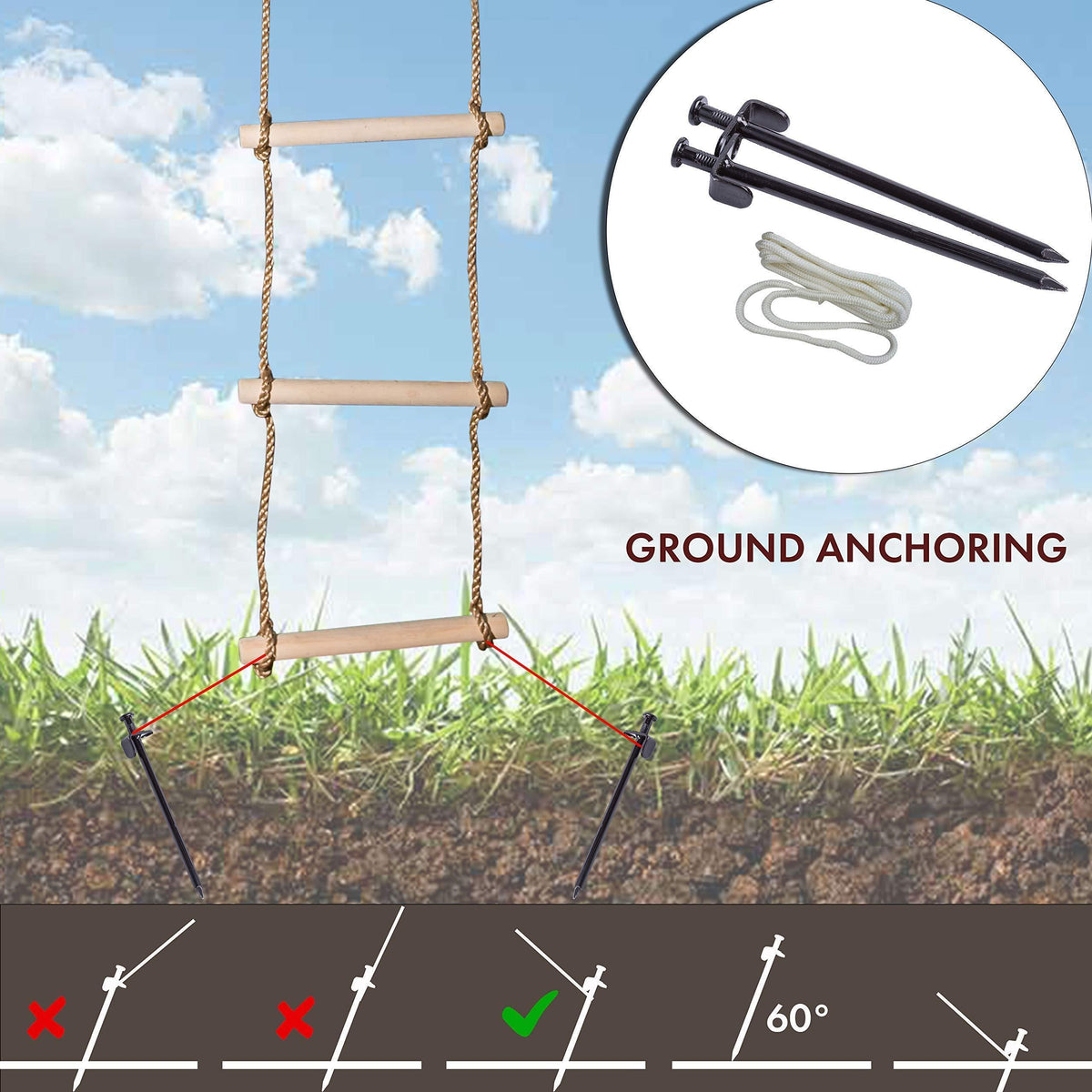 Wooden Rope Ladder for Kids with Ground anchoring Length 6.5'(2m) Width 16 (40cm) Outdoor or Indoor Climbing Rope Ladder for Ninja Slackline Backyard Playground Home Gym Park Treehouse