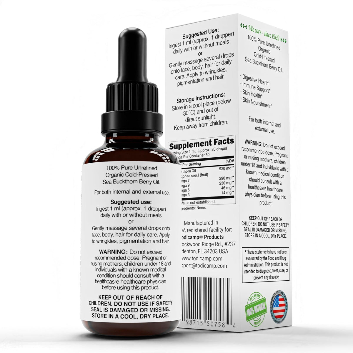 Organic Sea Buckthorn Oil 1 fl oz Cold Pressed Sea Buckthorn Berry Oil Seabuckthorn for Face Hair Body & Supplement