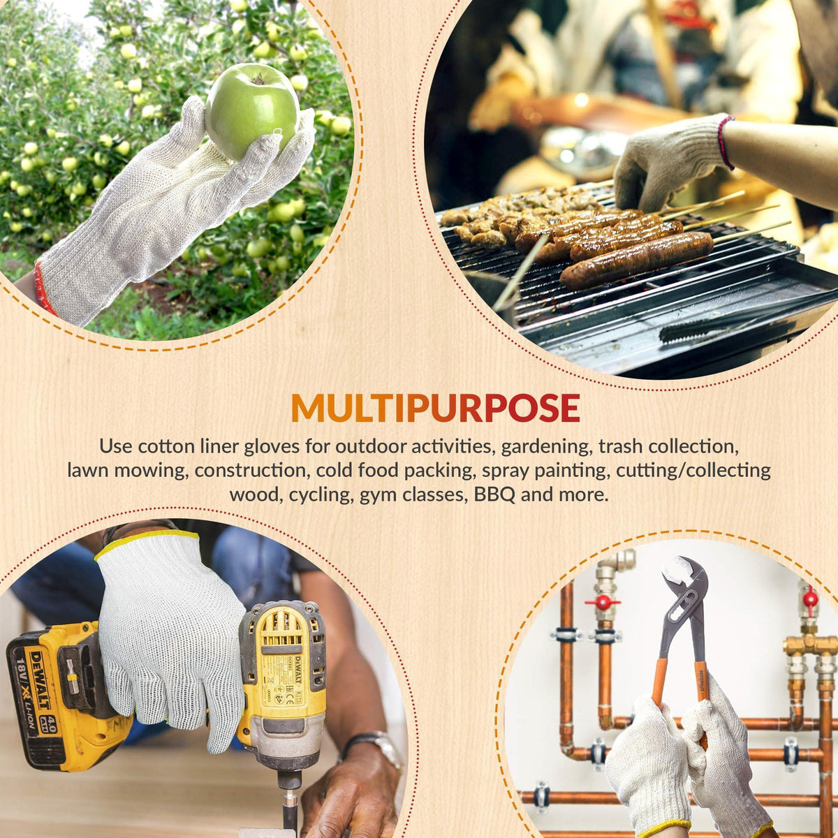 Beige Work Cotton Gloves for Men Women 9.5 Inch Pack of 24 (12 Pairs) String Knit Work Gloves with Red Line Elastic Knit Wrist Washable Cotton Polyester Gardening Gifts