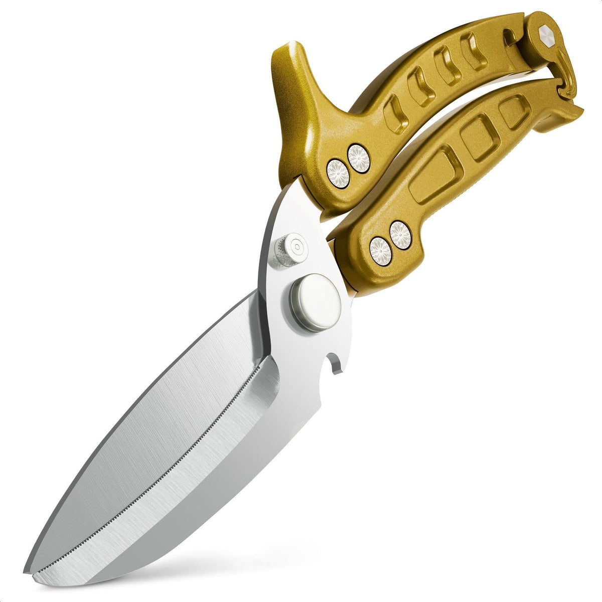 4 in 1 Multifunction Heavy Duty Kitchen Shears Sharp Seafood Fish Turkey Chicken Shears with Non Slip Metal Handle & Micro Serrated Blades for Meat Spring Loaded Bone Scissors Gold