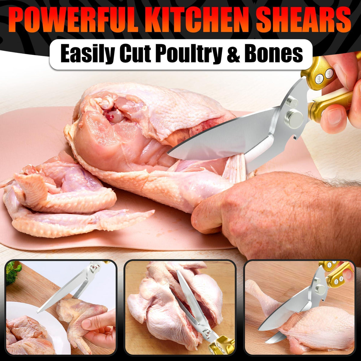 4 in 1 Multifunction Heavy Duty Kitchen Shears Sharp Seafood Fish Turkey Chicken Shears with Non Slip Metal Handle & Micro Serrated Blades for Meat Spring Loaded Bone Scissors Gold