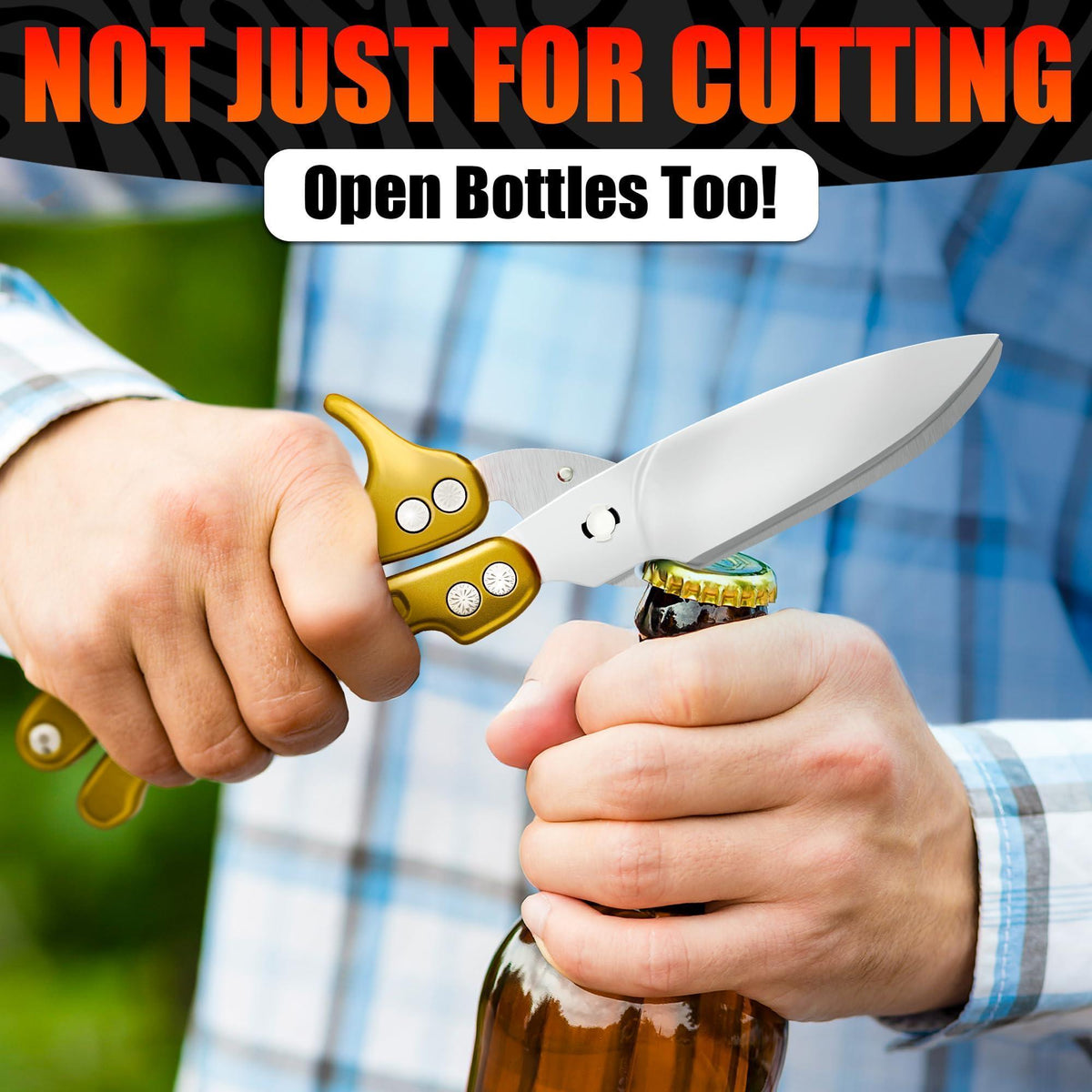4 in 1 Multifunction Heavy Duty Kitchen Shears Sharp Seafood Fish Turkey Chicken Shears with Non Slip Metal Handle & Micro Serrated Blades for Meat Spring Loaded Bone Scissors Gold