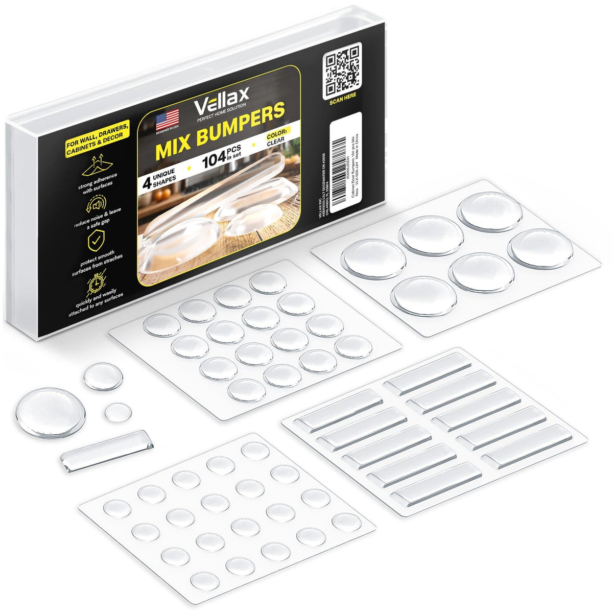 Self Adhesive Cabinet Door Bumpers 104 pcs Sticky Silicone Clear Mix Rubber Pads