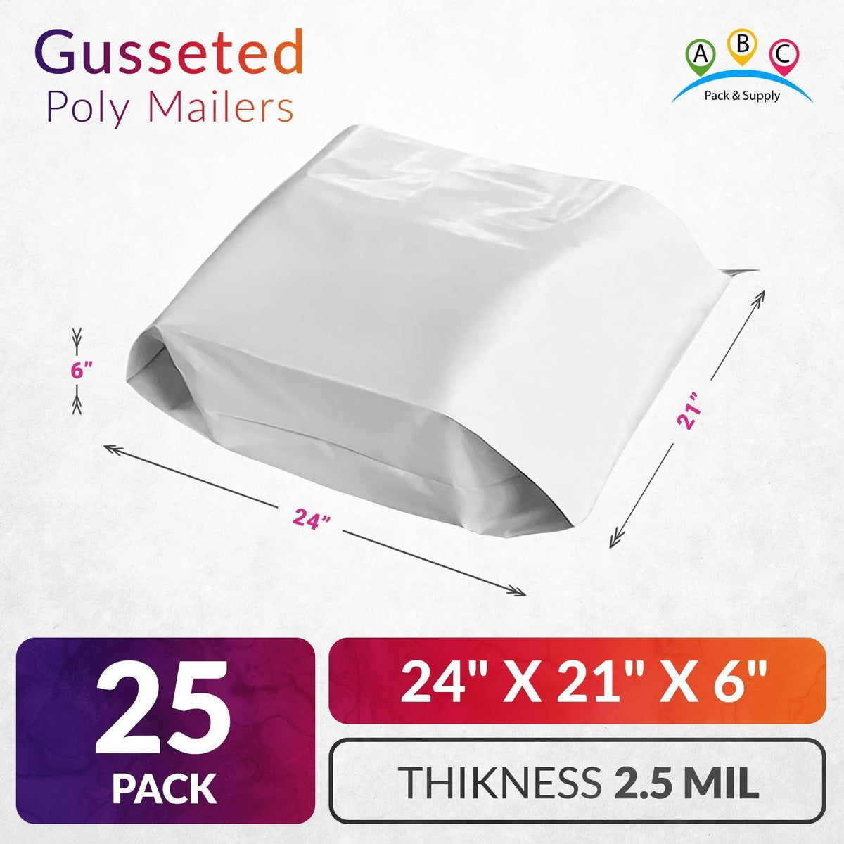 White Gusseted Poly Mailers 24 x 21 x 6 Inch Pack of 25 Poly Shipping Envelopes for Clothing 2.5 Mil. Plastic Shipping Bags Self Seal. Mailing Packages