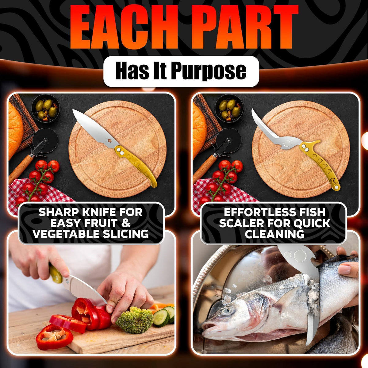 4 in 1 Multifunction Heavy Duty Kitchen Shears Sharp Seafood Fish Turkey Chicken Shears with Non Slip Metal Handle & Micro Serrated Blades for Meat Spring Loaded Bone Scissors Gold