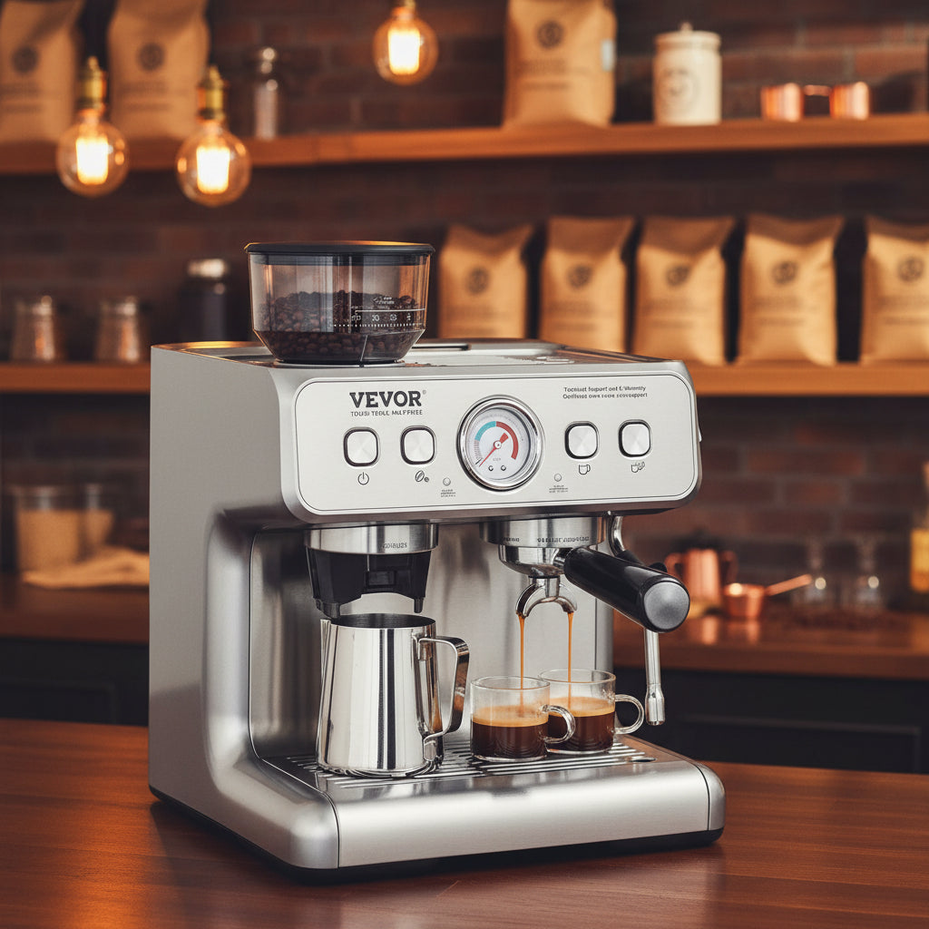 Espresso Machine with Grinder, 15 Bar Semi-Automatic Espresso Coffee Maker with Milk Frother Steam Wand, Removable Water Tank & Pressure Gauge for Cappuccino, Latte, Machiato, PID Control System