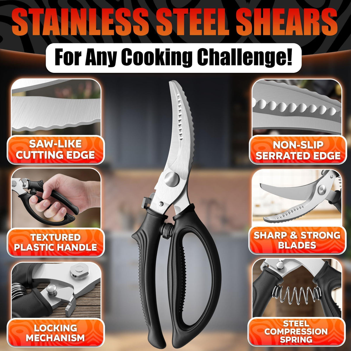 Heavy Duty Poultry Shears – Stainless Steel Meat Scissors Heavy Duty Ergonomic Kitchen Shears for Food Vegetables Seafood & Bones – High Wear Resistance & Thick Spring for Easy Cutting