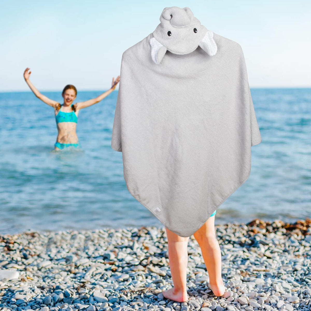 Hooded Baby Towels 33x33 Inch with Elephant Face Light Gray Baby Bath Towel