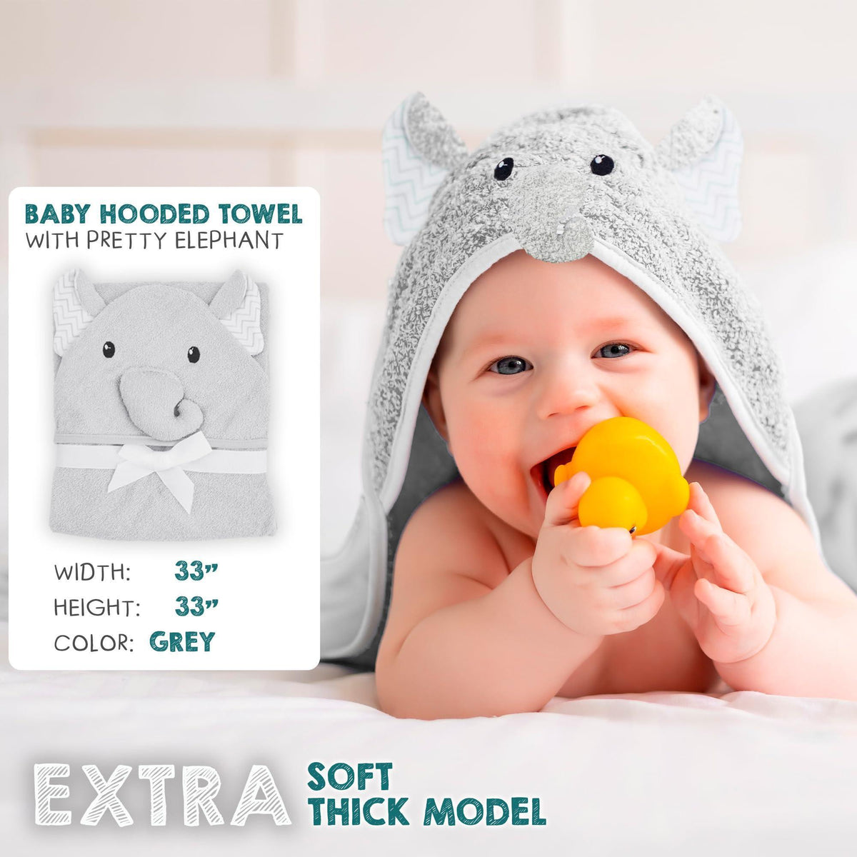 Hooded Baby Towels 33x33 Inch with Elephant Face Light Gray Baby Bath Towel