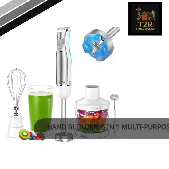 Hand Blender; 5 in 1 Multi-Purpose Immersion Blender set; 1100 watts 12 Adjustable Speed Stick Blender; 600ml Beaker; 500ml Food Processor Container; Egg Whisk; Milk Frother Attachments; White by@Outfy