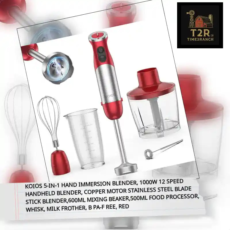 KOIOS 5-in-1 Hand Immersion Blender, 1000W 12 Speed Handheld Blender, Copper Motor Stainless Steel Blade Stick Blender,600ml Mixing Beaker,500ml Food Processor, Whisk, Milk Frother, B PA-F ree, Red by@Outfy