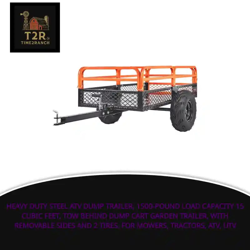 Heavy Duty Steel ATV Dump Trailer, 1500-Pound Load Capacity 15 Cubic Feet, Tow Behind Dump Cart Garden Trailer, with Removable Sides and 2 Tires, for Mowers, Tractors, ATV, UTV by@Outfy