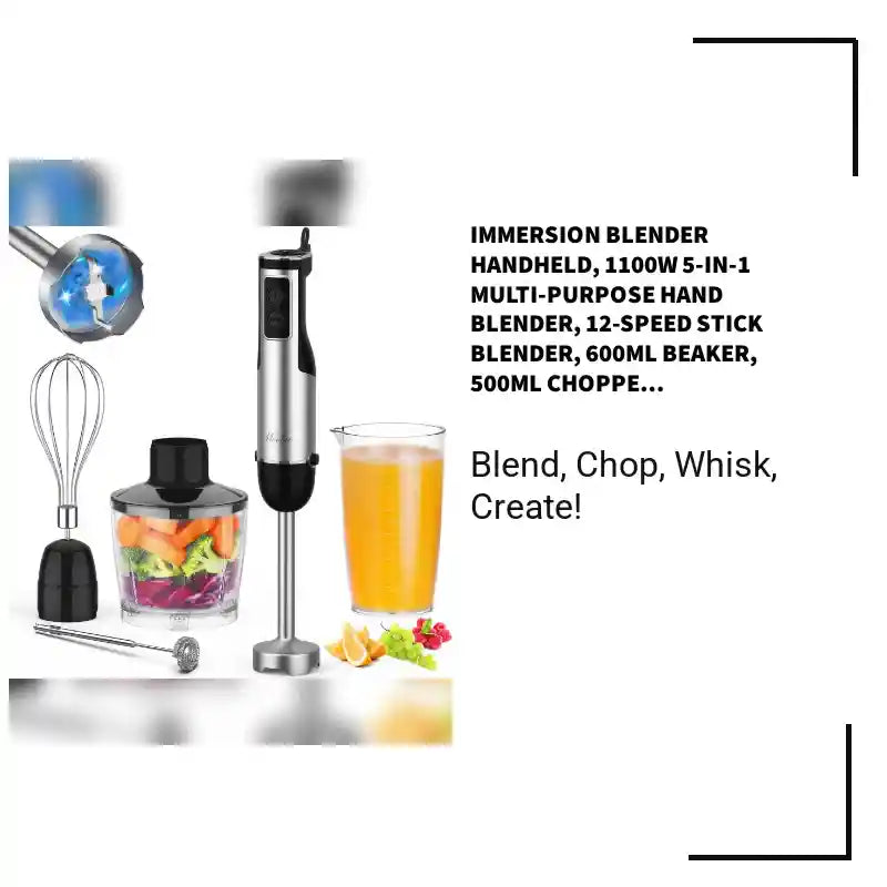 Immersion Blender Handheld, 1100W 5-in-1 Multi-Purpose Hand Blender, 12-Speed Stick Blender, 600ml Beaker, 500ml Chopper, Egg Whisk, Milk Frother, Black by@Outfy