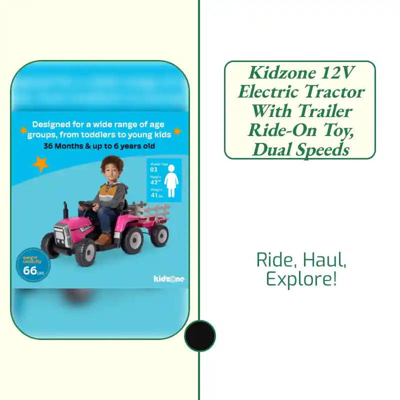 Kidzone 12V Electric Tractor with Trailer Ride-On Toy, Dual Speeds by@Outfy